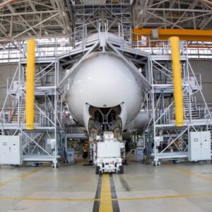 A380 in a hangar with scaffolding