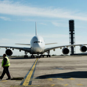 A380 on runway on a sunny day