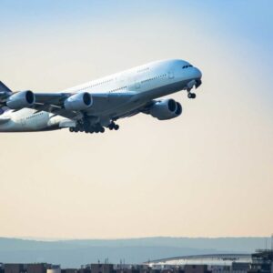 A380 taking off on a sunny day. Photo taken from the right side.